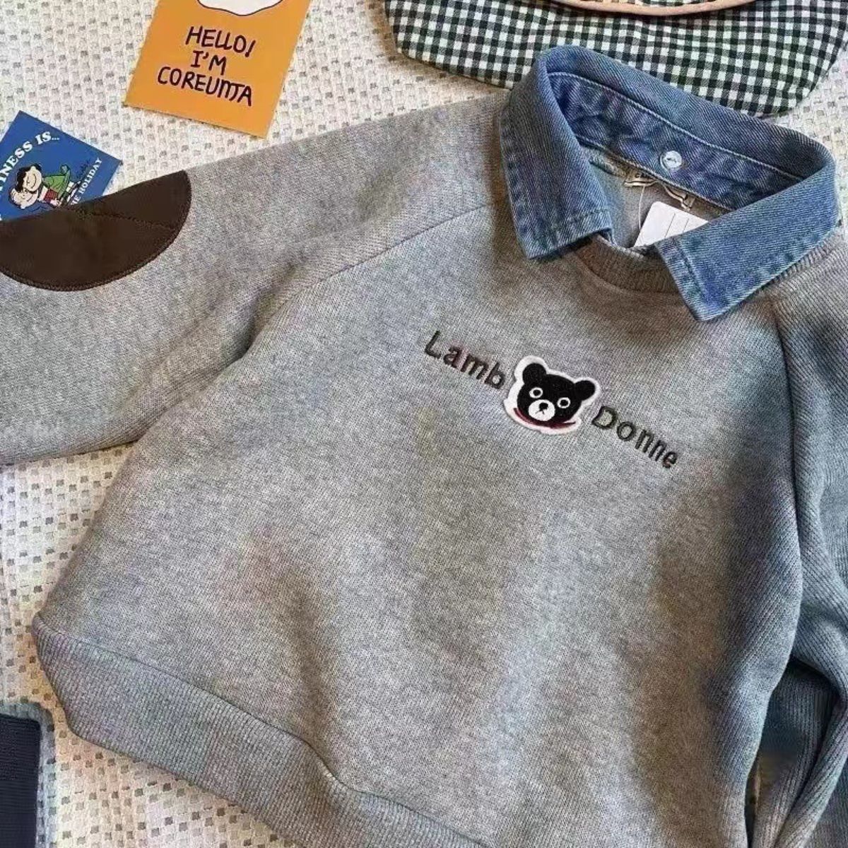 Autumn and winter boys' sweatshirt plus velvet polo shirt children's new long-sleeved cotton T-shirt lapel fake two-piece top