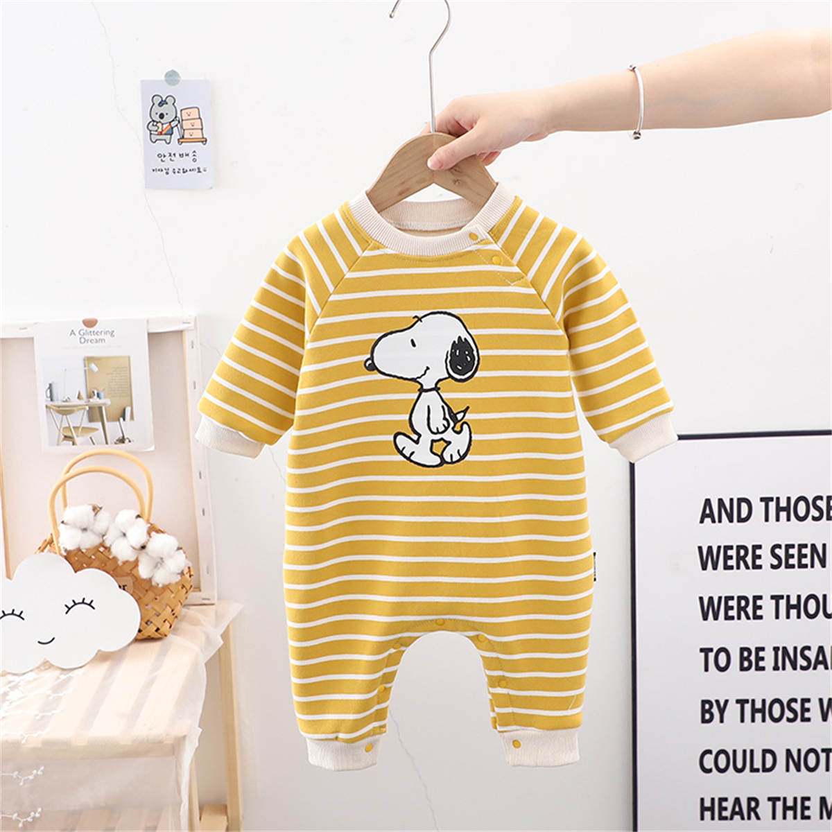 Infant and Toddler Autumn Plus Velvet Striped Snoopy Pullover Romper