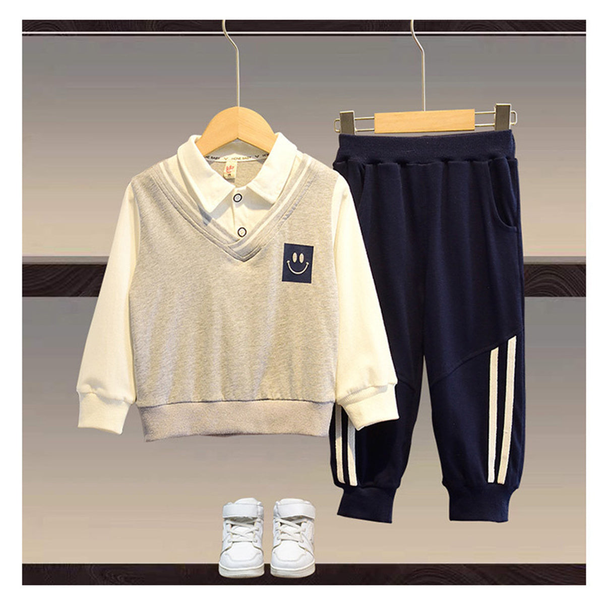 New autumn sports two-piece suit for middle and large children in solid colors