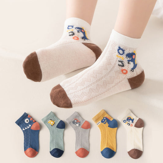 Children's five-piece set of color-blocked dinosaur mid-tube socks