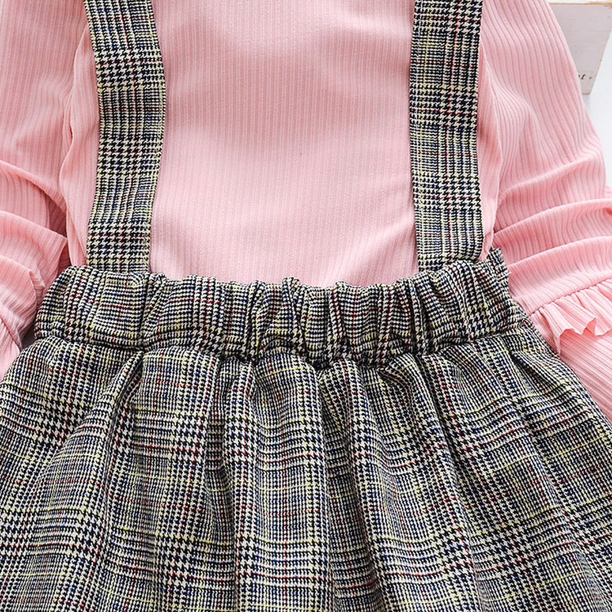 Girls dress spring and autumn baby fake 2 pieces fashionable children's skirt plaid little girl princess skirt