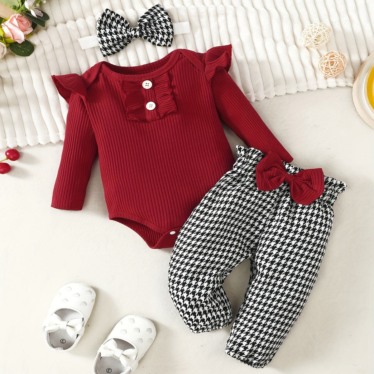 Baby Girls Solid Color Striped Cotton Bodysuit Romper and Houndstooth Trousers Set