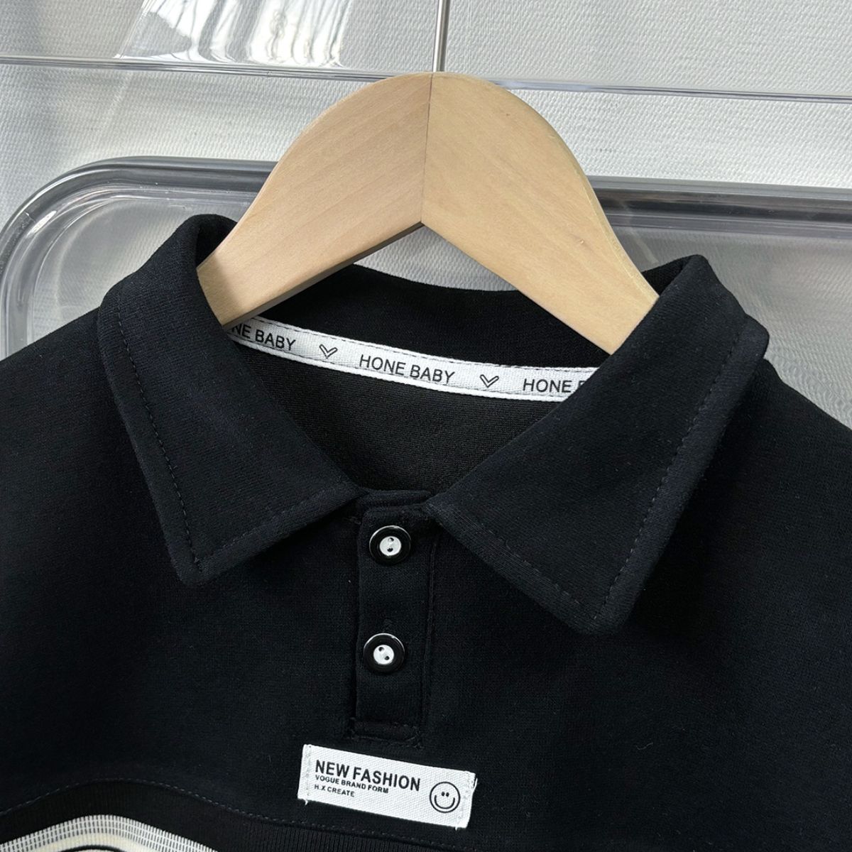 Autumn children's cotton long-sleeved POLO shirt with black and white stripes for boys and middle-aged children