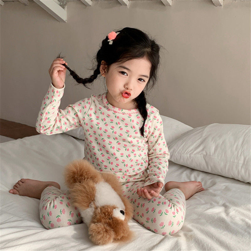 Girls floral home wear long sleeve pajamas warm two piece set