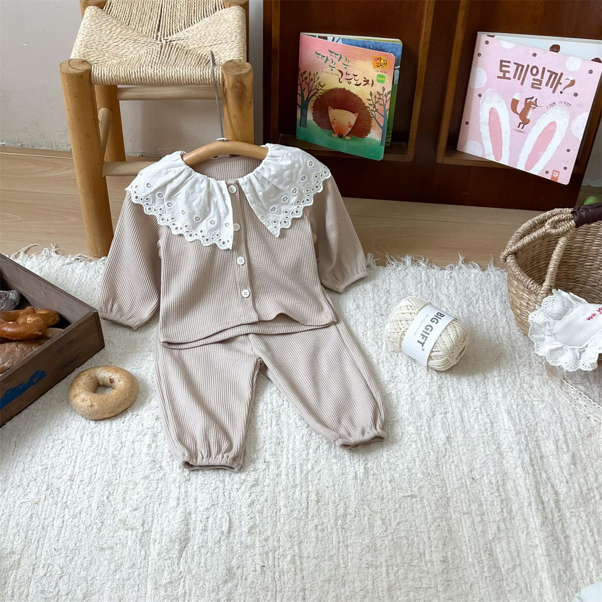 Baby Girl Lapel Long Sleeve Top + Pants Waffle Two Piece Set