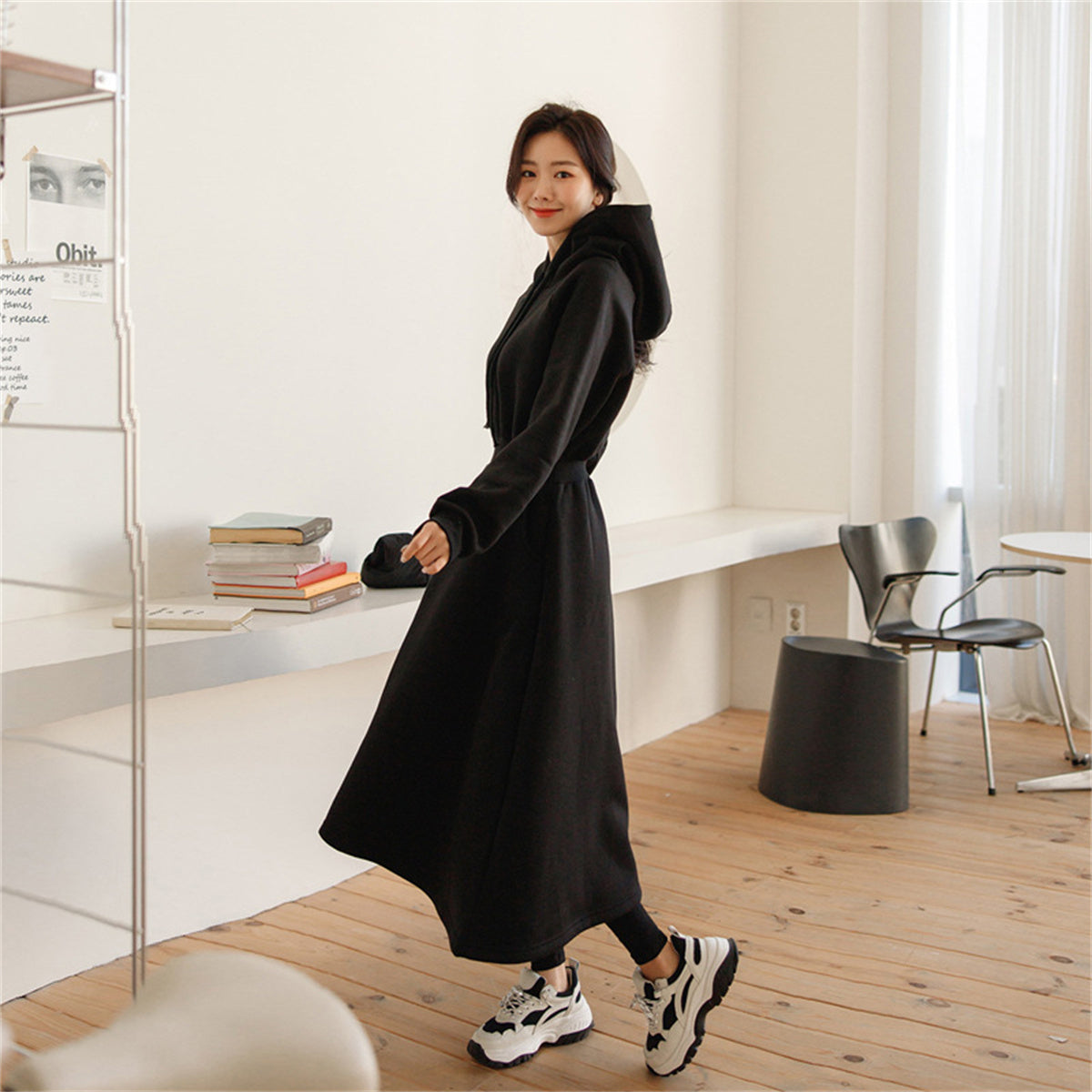 Women's hooded long-sleeved dress high waist slimming below knee length skirt