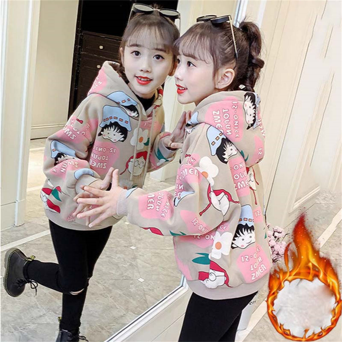 Winter plus velvet cartoon pattern cute style hooded pullover sweatshirt for middle and large children girls