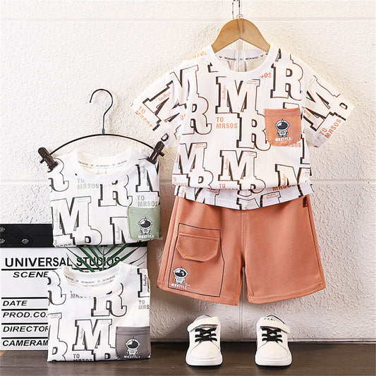 Boys Summer Letter Astronaut Cotton Short-sleeved T-shirt Set