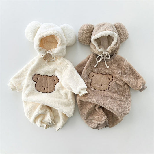 Baby Soft Plush Romper Hat Outdoor Clothes Jumpsuit