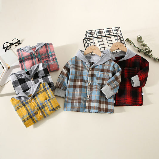 Children's spring and autumn shirts, children's clothing, boys' hooded plaid shirts, girls' baby long-sleeved plaid bottoming coats and tops