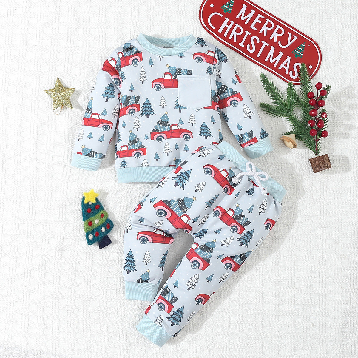 Children's Christmas suit cartoon front pocket loose casual Christmas tree car pattern sweatshirt and trousers fashionable 2-piece set