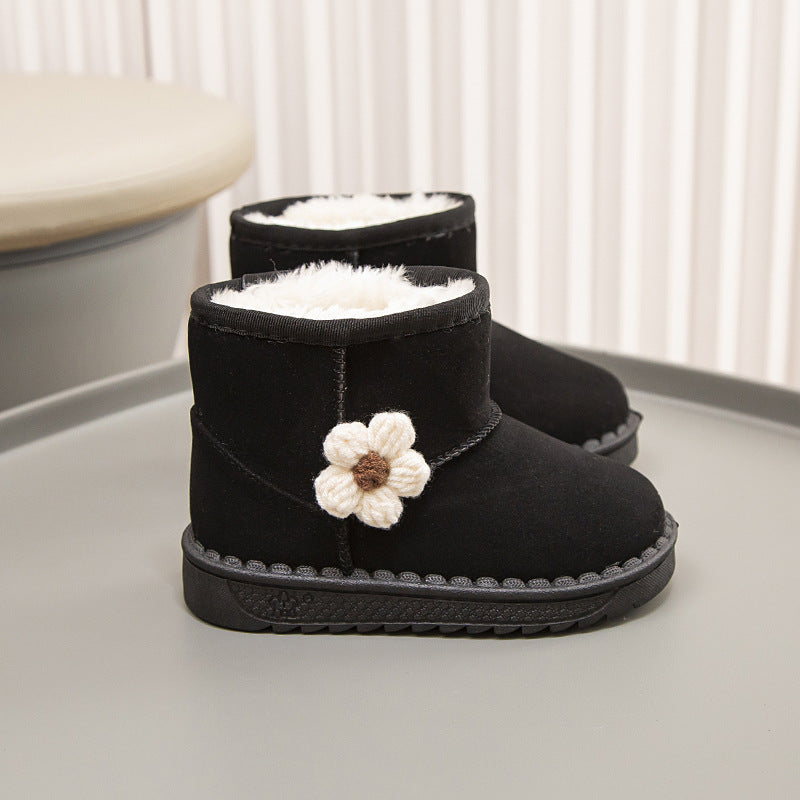 Winter solid color simple flower style warm casual snow boots high top cotton shoes for middle and large children girls