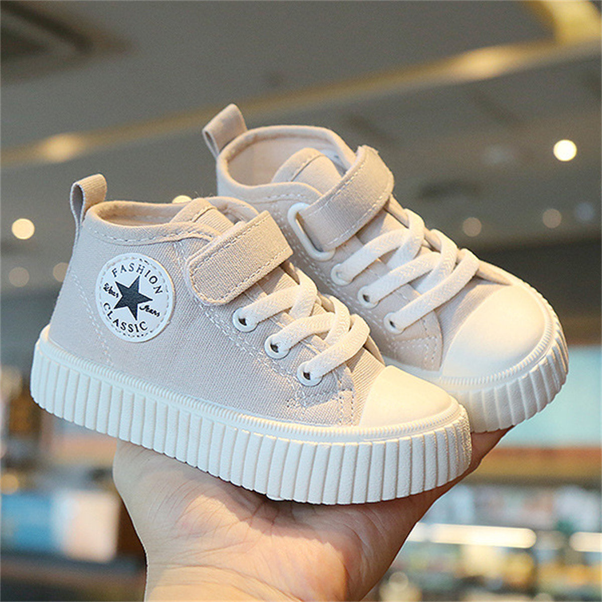 Children's and boys' spring and autumn pure color simple casual style Velcro high-top canvas shoes