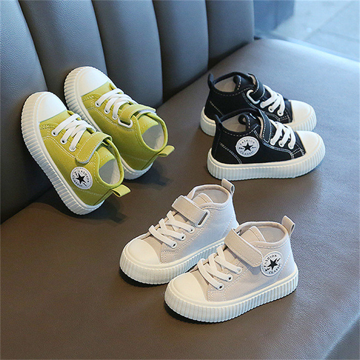 Children's and boys' spring and autumn pure color simple casual style Velcro high-top canvas shoes