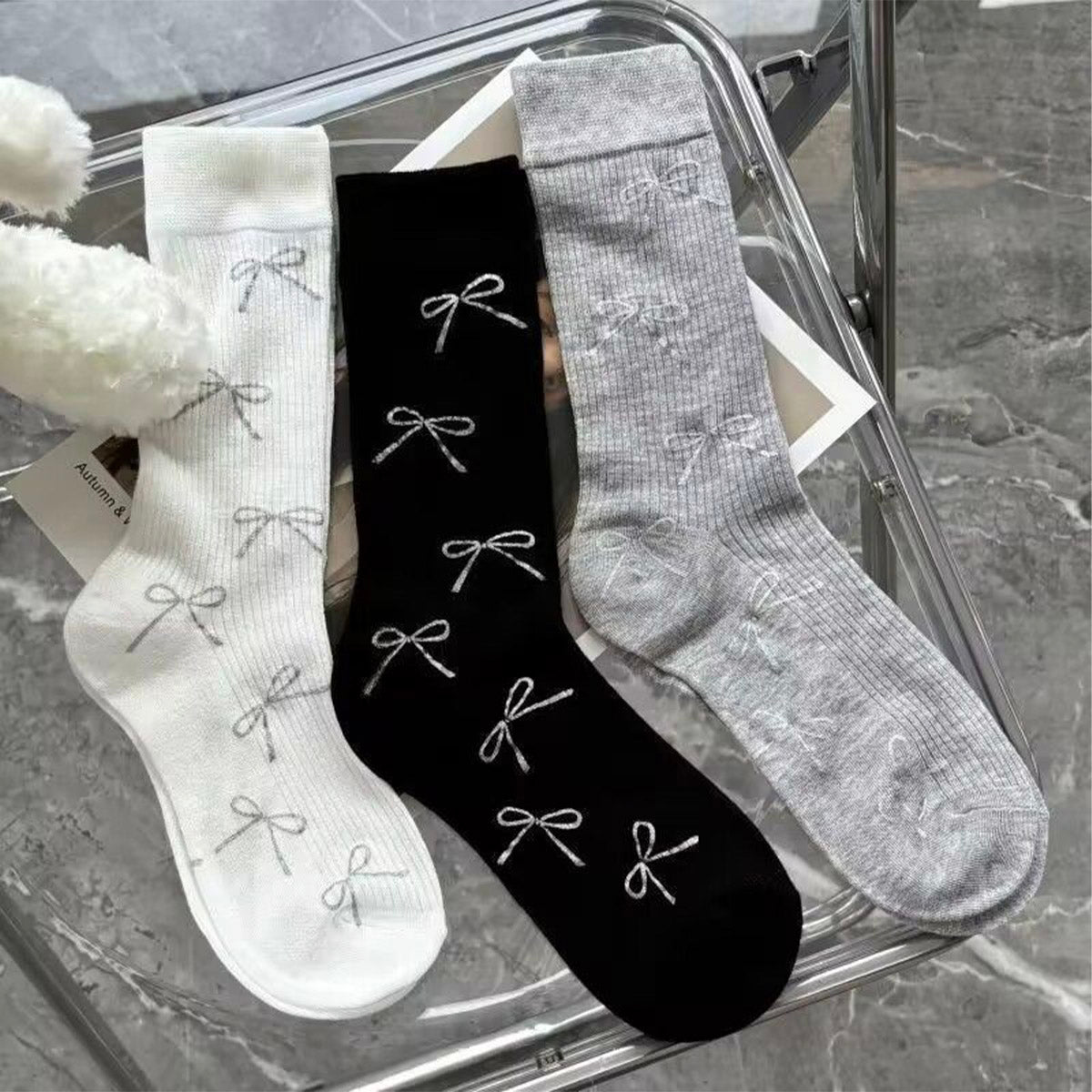 Women's summer thin mid-tube white bow ins pile socks