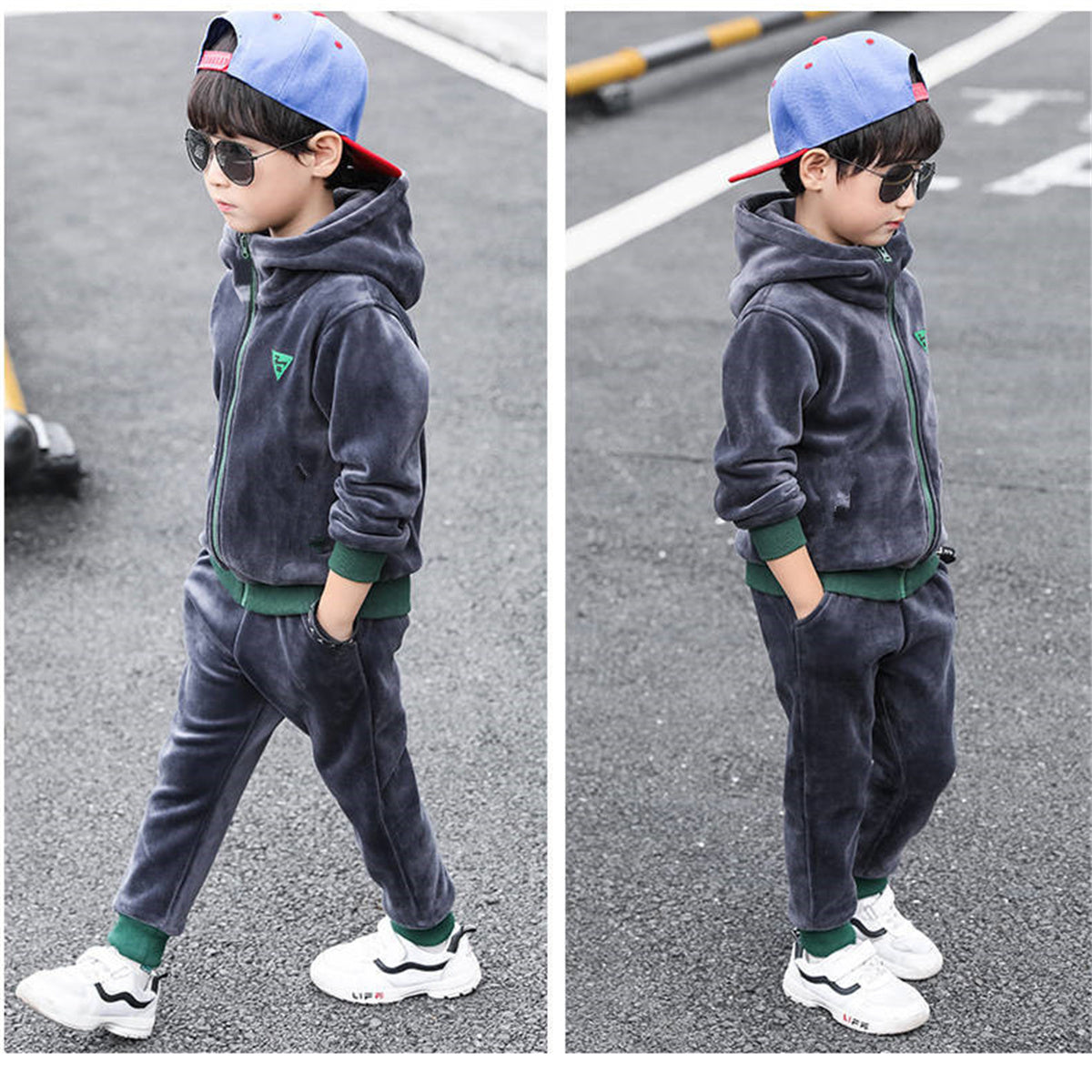 Boys' two-piece double-faced fleece suit with hood and fleece sweater for autumn and winter