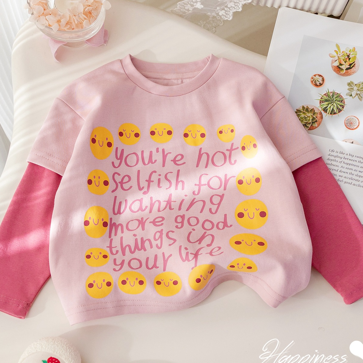 Girls' fake two-piece long-sleeved T-shirts for spring and autumn new cartoon print contrast color bottoming shirts for baby girls autumn tops