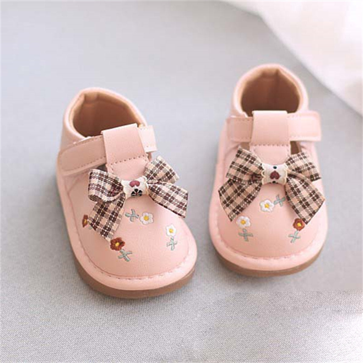 Baby Girls Cute Embroidered Bowknot Soft Sole Velcro Leather Shoes