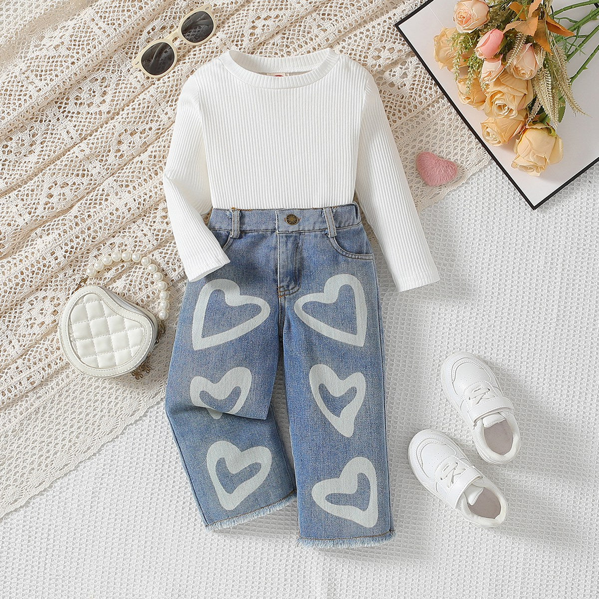 Girls suit spring and autumn style long-sleeved T-shirt jeans two-piece suit