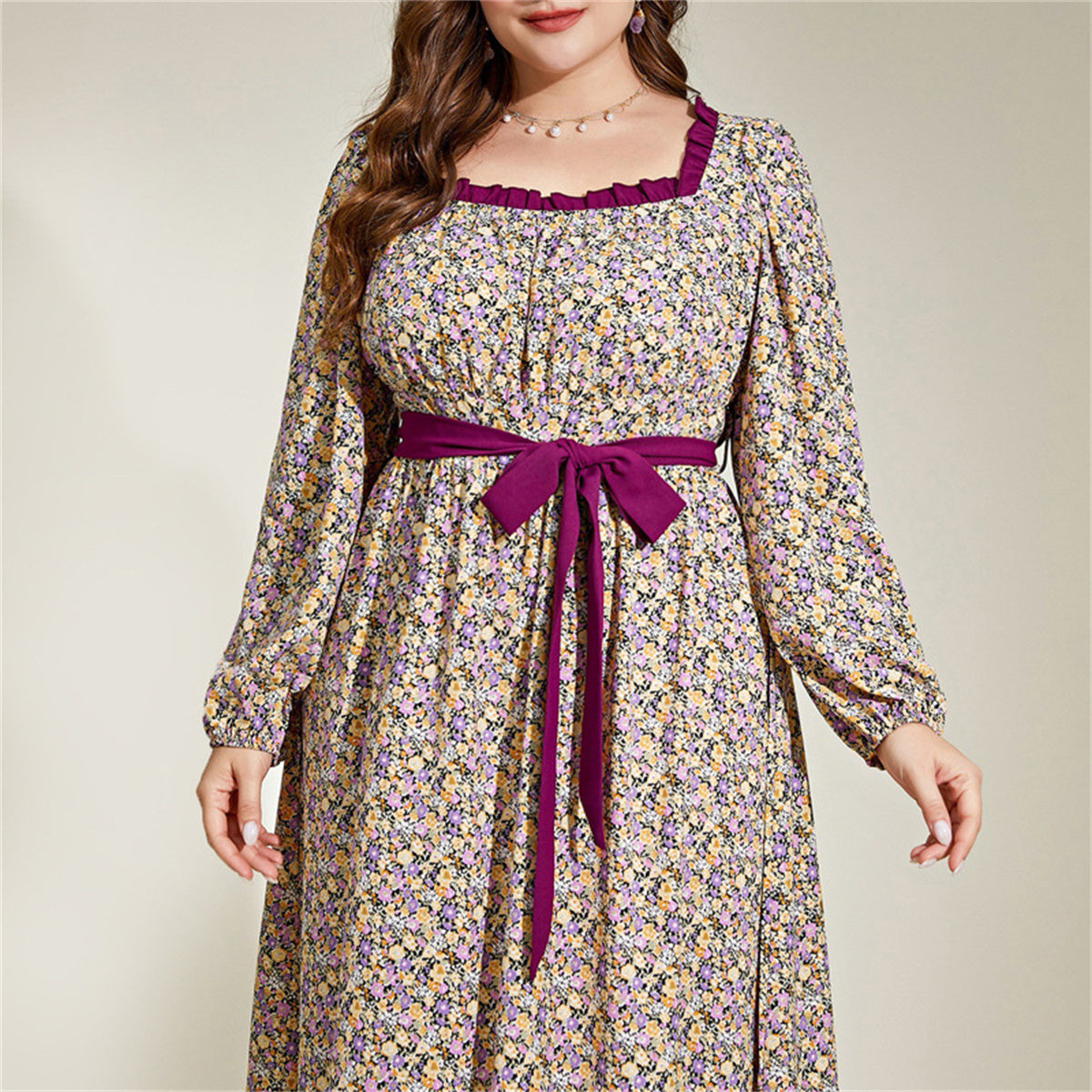 Colorblock Floral Print Square Neck Long Dress