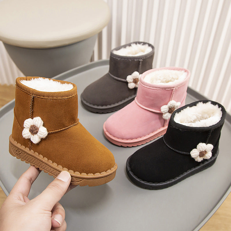 Winter solid color simple flower style warm casual snow boots high top cotton shoes for middle and large children girls