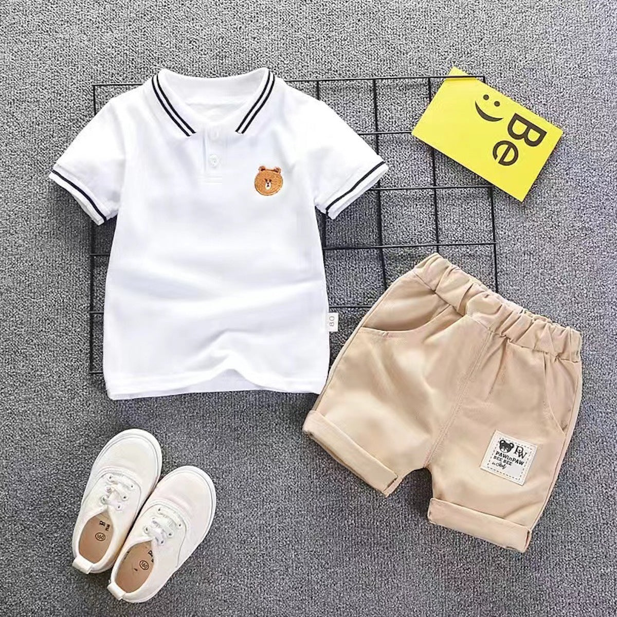 Boys summer short-sleeved suit fashionable striped polo shirt two-piece suit