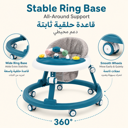 Foldable Baby Walker with Wheels, 7 Adjustable Heights & Removable Activity Tray