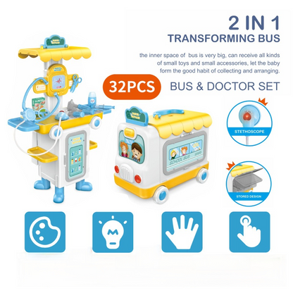2-in-1 Ride-On School Bus Doctor Kit Toy for Toddlers