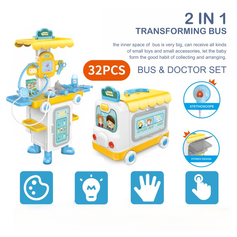 2-in-1 Ride-On School Bus Doctor Kit Toy for Toddlers