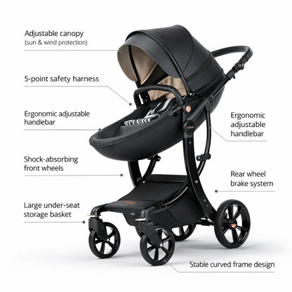 High-View Foldable Baby Stroller ｜ Luxury Baby Pram & Bassinet System ｜Spine Protection ｜Two-way