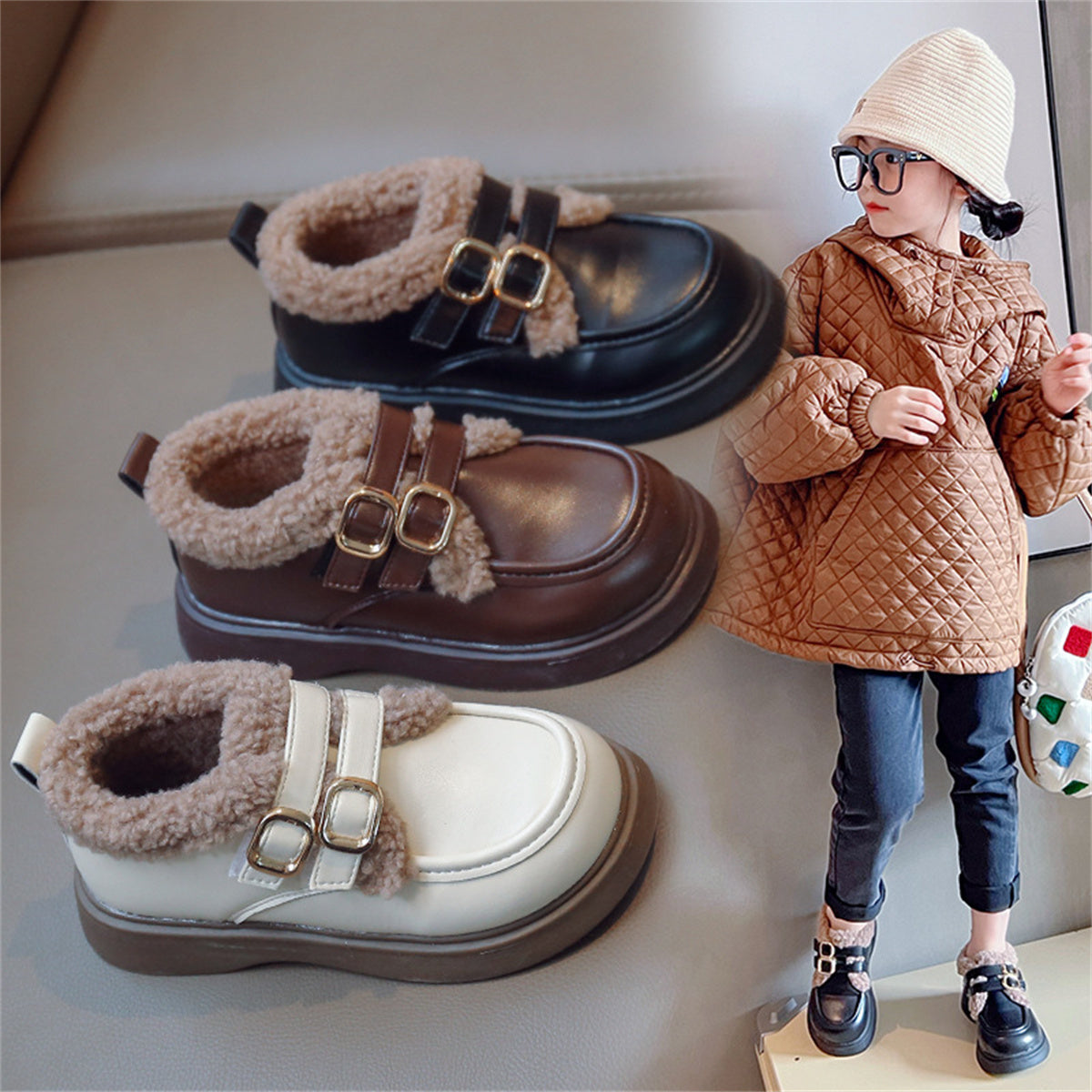 Children's girls' winter style British style plus velvet warm leather shoes low-top cotton shoes