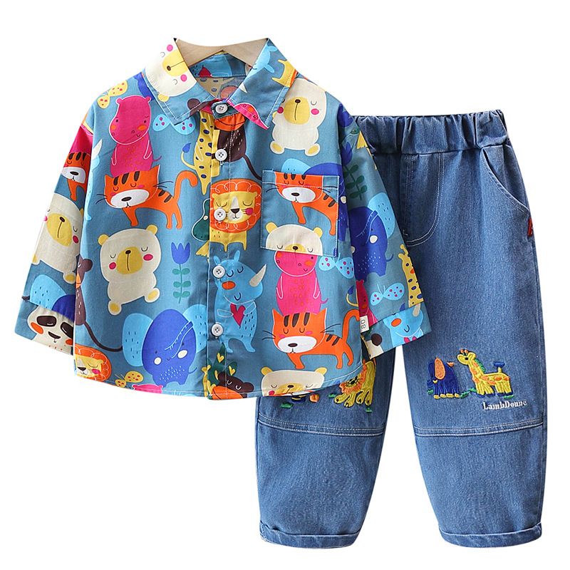 Boys autumn suit new spring and autumn animal children's handsome jeans two-piece suit