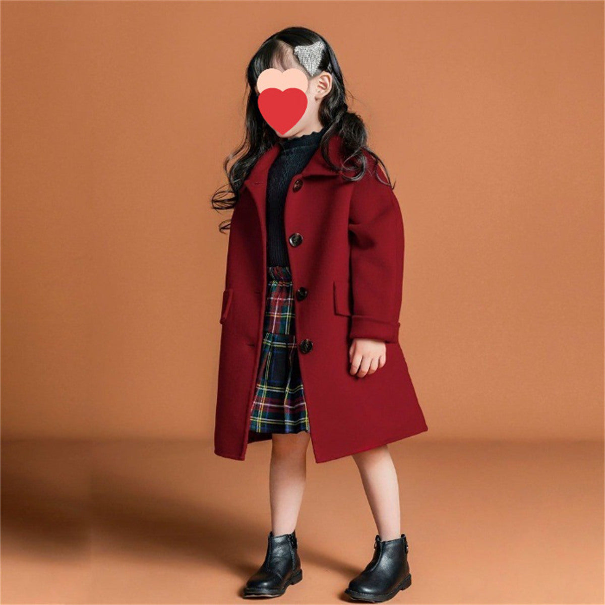 Solid color mid-length all-match coat for older kids