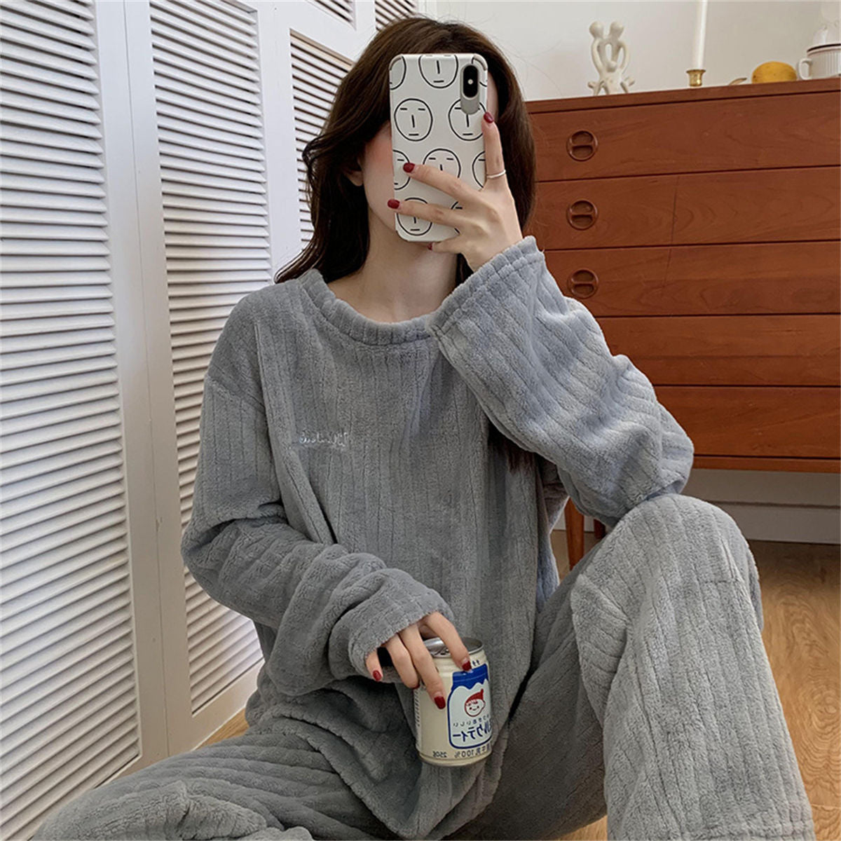 Coral Fleece Pajamas Women's Long Sleeve Thickened Home Clothes Peach Comfort Cotton Set