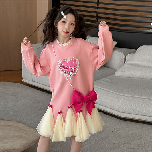 Sweet pink autumn cute bow long-sleeved dress for middle and large girls