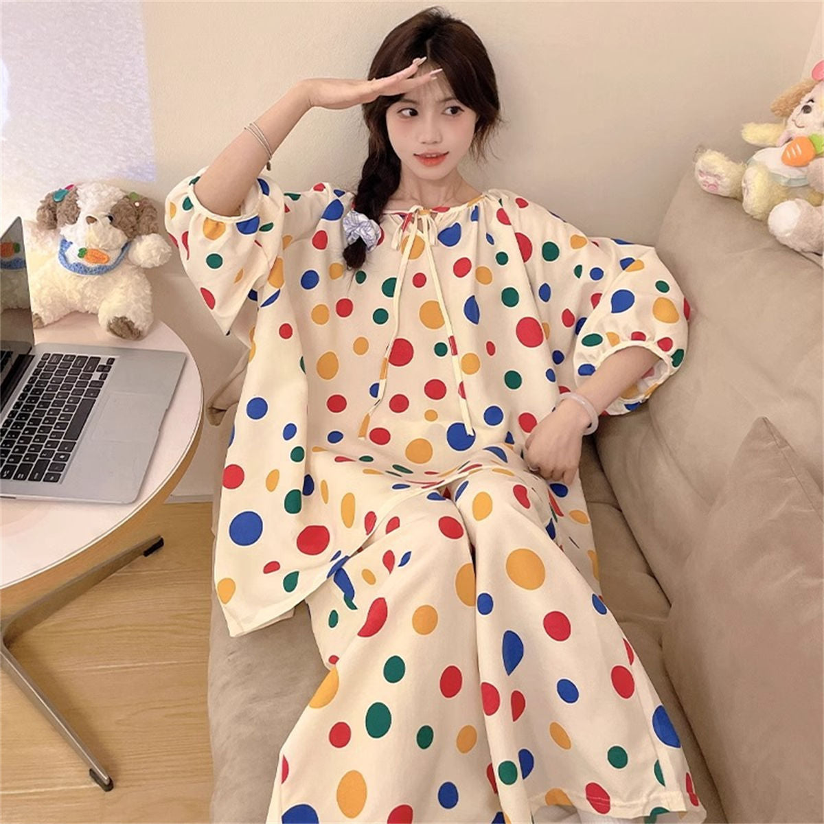 Colorful polka dot loose pajamas and home wear set