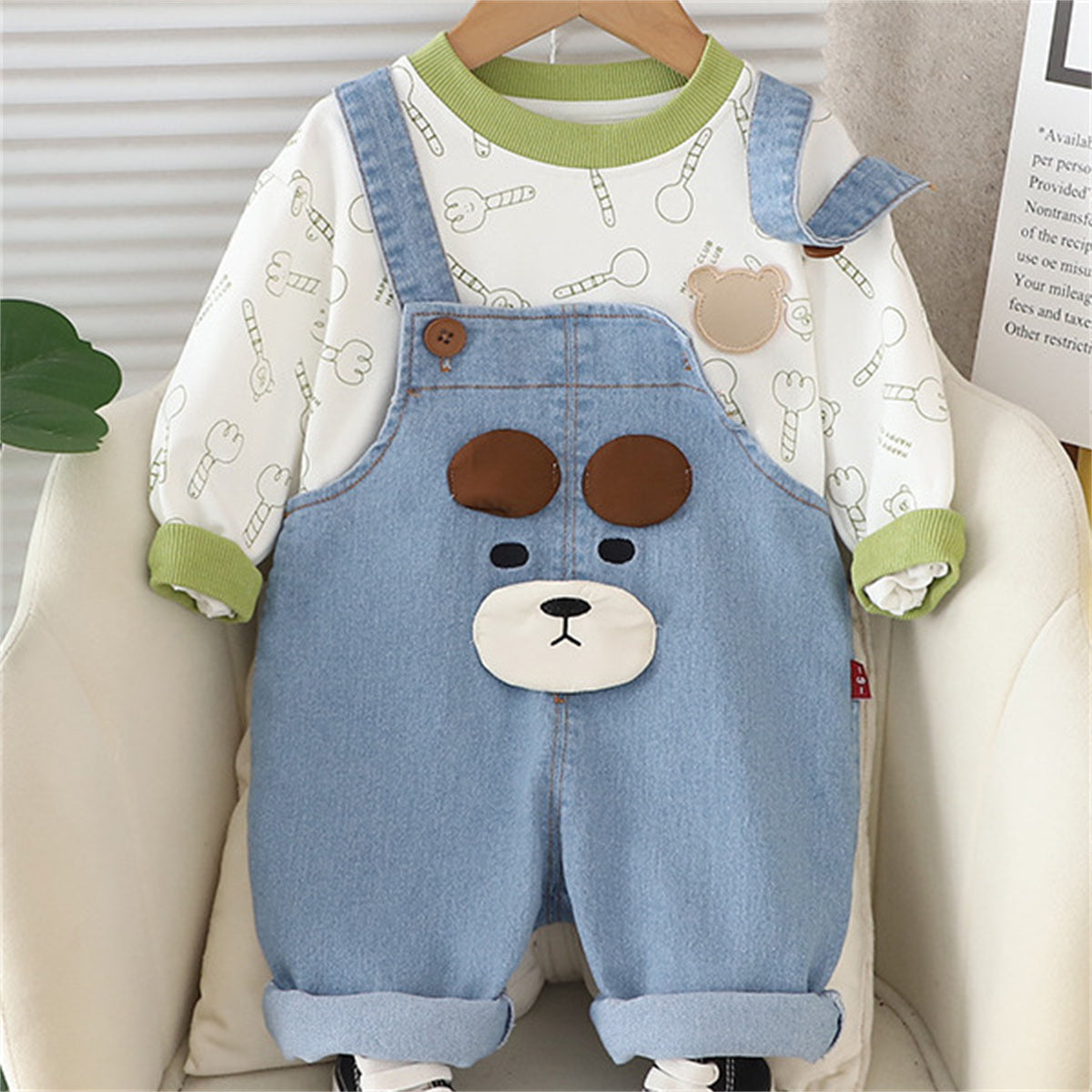 Boys Spring and Autumn Cartoon Denim Overalls Two-piece Set