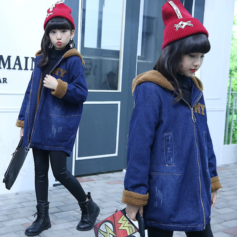 Girls' velvet denim windbreaker hooded long fashionable coat