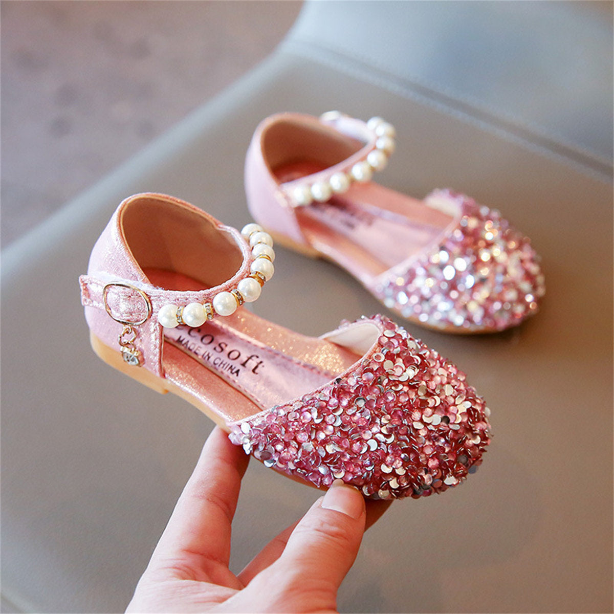 Little girl princess style sequined ladies pearl style sweet flat leather shoes