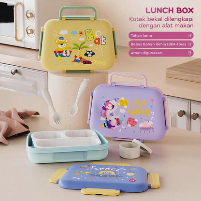Hibobi Kids 3-Compartment Portable Lunch Box with Handle & Cutlery