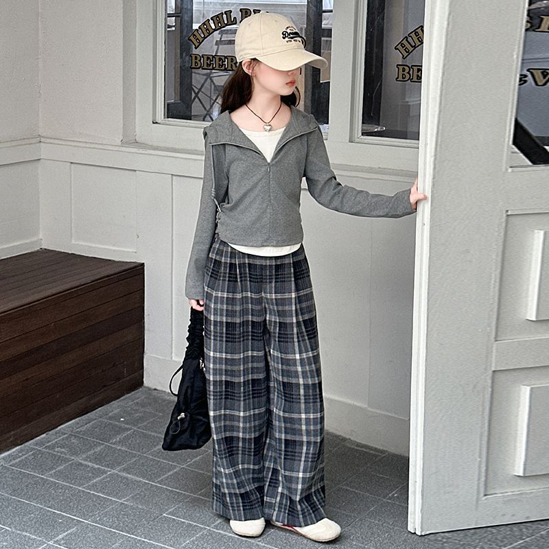 Solid Color Sweatshirt Casual Sports 2-Piece Set Plaid Trousers