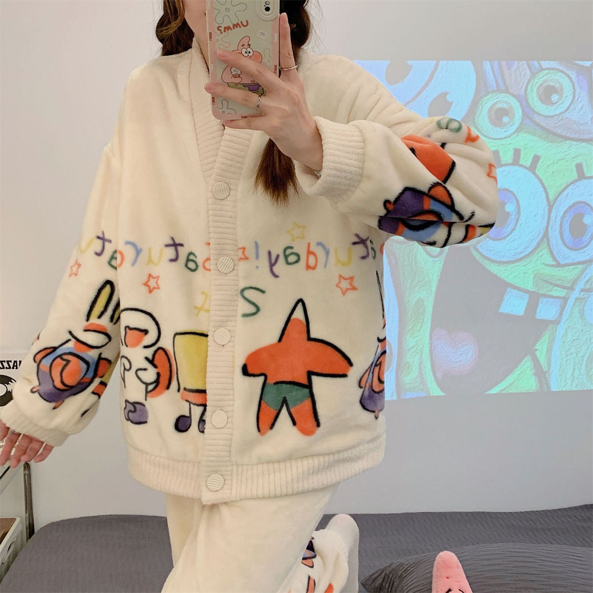 Cartoon flannel pajamas women thick coral fleece long sleeve cardigan plush suit