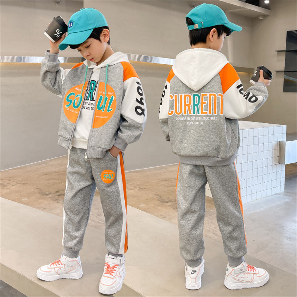 Two-piece color matching sweater suit for middle and large boys in autumn and winter