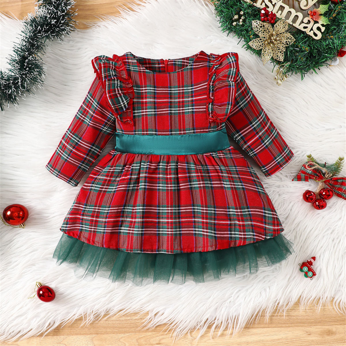 Holiday Women's Plaid Long Sleeve Dress Christmas Big Bow Mesh Princess Dress