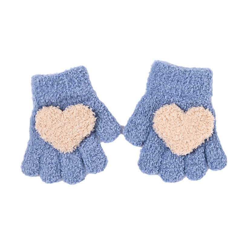 Children's Girls Love Knitted Autumn and Winter Five-Finger Warm Thickened Gloves