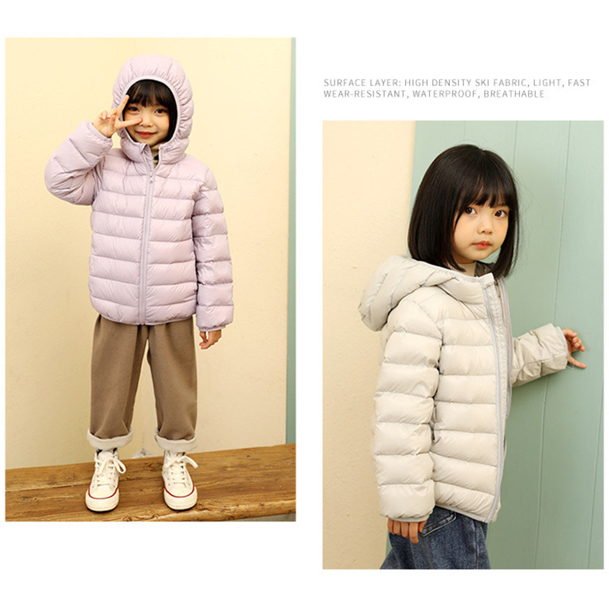 Winter simple solid color thin hooded short down jacket for boys and girls