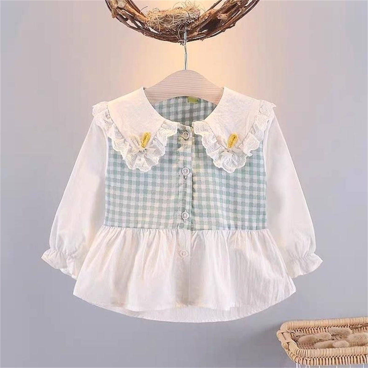 Girls Spring Long Sleeve Princess Style Plaid Fake Two-piece Shirt