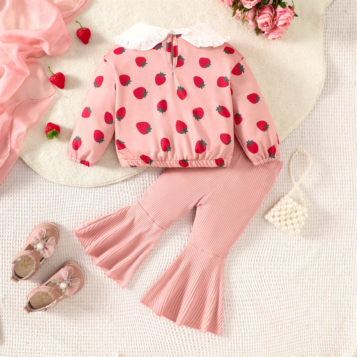 Girls Strawberry Print Long Sleeve Doll Collar Top Flared Pants Set