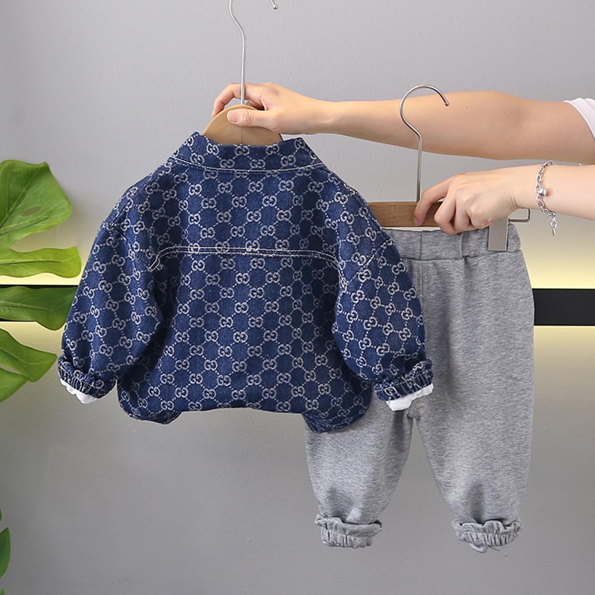 2024 autumn new style children's full print denim baby boy spring and autumn three-piece suit boy clothes trendy