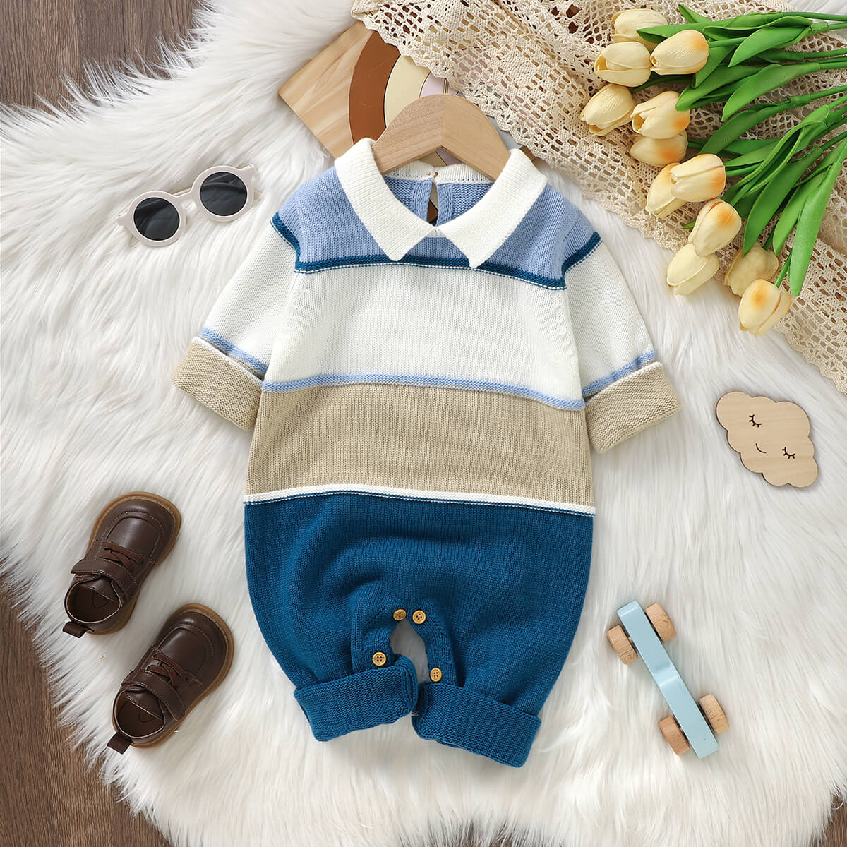 Infant and toddler knitted patchwork one-piece romper long-legged crawling suit